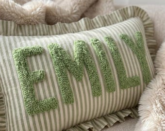 Custom Name Striped Pillow, Embroidered Nursery Decor, Striped Ruffled Throw Pillow, Baby Shower Gift