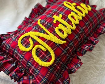 Personalized Baby Girl Name Pillow, Red Tartan Ruffle Cushion, Nursery Decor, Kids Room Accent, Newborn Gift, Custom Name Pillow, Xmas Gift