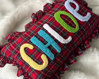 Custom Name Xmas Throw Pillow, Christmas Decor Gift, Personalized Festive Pillow, Kids Room Holiday Accent, Ruffle Gingham Pillow