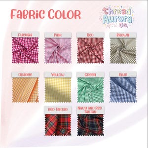 May include: Image showcasing fabric swatches in various colors, including fuchsia, pink, red, brown, orange, yellow, green, and blue. The image also displays red tartan and navy and red tartan patterns. The text "FABRIC COLOR" is at the top.