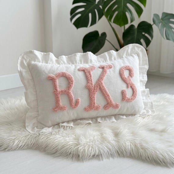 Custom Monogrammed Punch Needle Ruffled Pillow, College Dorm Decor, Initial Pillow, Graduation Gift for Her, Embroidered Preppy Room Decor