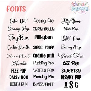 May include: A graphic showcasing various font styles, including "Cutie Dot," "Creamy Pop," and "Tiny Bun." The fonts are displayed in black against a soft, blurred background. The word "FONTS" is in pink at the top, with a logo in the upper right corner.