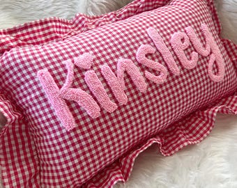 Pink Gingham Ruffle Pillow, Custom Name Gift, Handmade Punch Needle Decor, Nursery Throw Pillow Gift