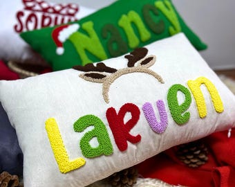 Custom Holiday Punch Needle Name Pillow: Christmas Gift for Kids