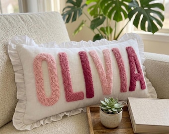 Personalized Baby Girl Name Pillow, Custom Punch Needle Pillow, Pink Nursery Decor, Baby Shower Gift, Embroidered Name Pillow