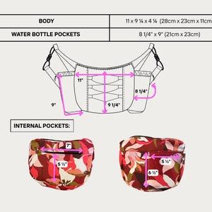 May include: Diagram of a bag with measurements. The body of the bag is 11 x 9 1/4 x 4 1/4 inches. Water bottle pockets are 8 1/4 x 9 inches. Internal pockets are 7 x 5 1/2 inches and 6 1/2 x 5 1/2 inches.