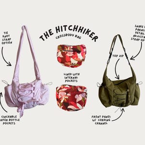 May include: The Hitchhiker crossbody bag in three styles. A light purple bag with tie knot strap option and cinchable water bottle pockets. A red floral bag with lined internal pockets. An olive green bag with a top zip, front panel with cording channel, and snake knot paracord detail.
