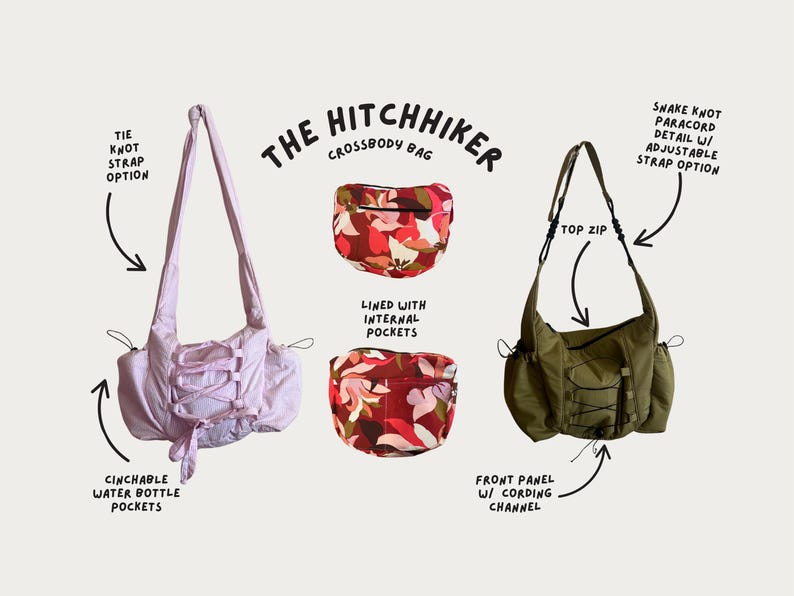 May include: The Hitchhiker crossbody bag in three styles. A light purple bag with tie knot strap option and cinchable water bottle pockets. A red floral bag with lined internal pockets. An olive green bag with a top zip, front panel with cording channel, and snake knot paracord detail.