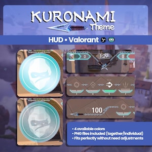 Peut inclure: Un thème d'interface numérique pour le jeu Valorant, avec une palette de couleurs bleue et blanche. Le design comprend une icône circulaire avec un personnage de type ninja, ainsi que divers éléments d'interface tels que des barres de santé et des chronomètres. Le texte "KURONAMI Theme" est affiché en haut.
