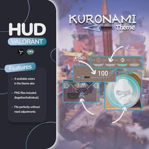 May include: A digital interface theme for the game Valorant, named Kuronami. The image shows a user interface with various elements, including a health bar, weapon details, and a character icon. The theme offers four colour options and PNG files.