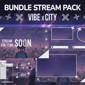 May include: A digital bundle pack with a purple and blue gradient background, featuring the text "BUNDLE STREAM PACK VIBE X CITY." The design includes overlay elements for streaming, such as chat boxes, "About Me" sections, and a "Stream Starting Soon" graphic.