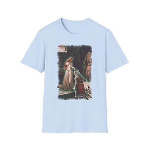 The Accolade Knight Kneeling T-Shirt | Medieval Lady, Arthurian Scene image 6