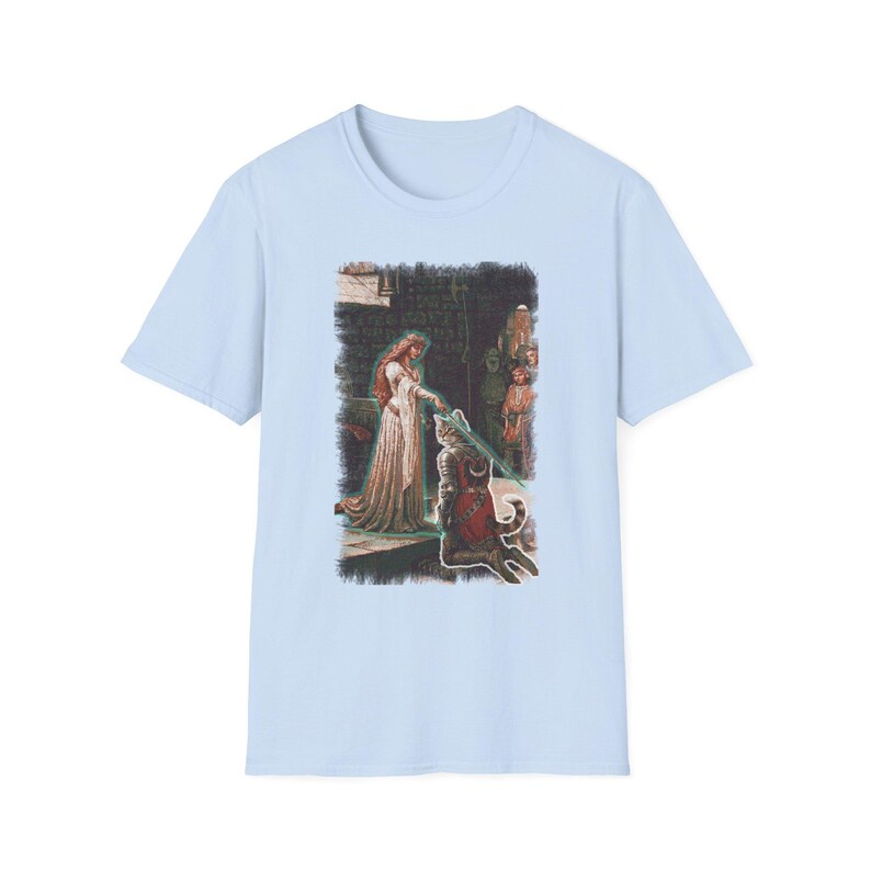 The Accolade Knight Kneeling T-Shirt | Medieval Lady, Arthurian Scene image 6