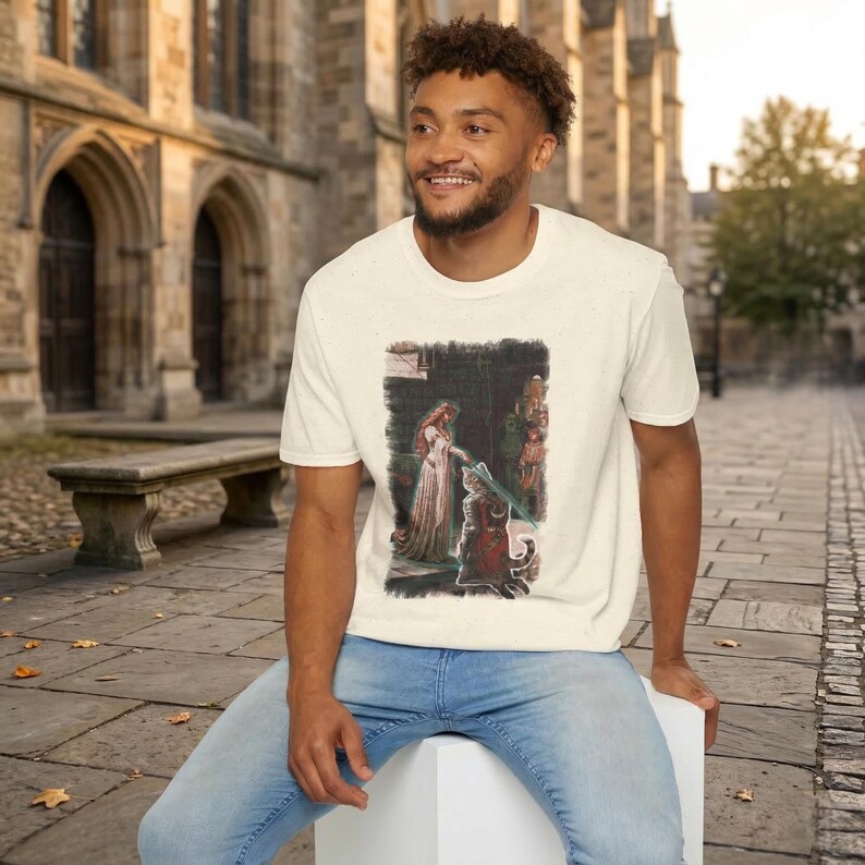 The Accolade Knight Kneeling T-Shirt | Medieval Lady, Arthurian Scene image 3