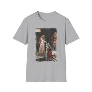 The Accolade Knight Kneeling T-Shirt | Medieval Lady, Arthurian Scene image 5