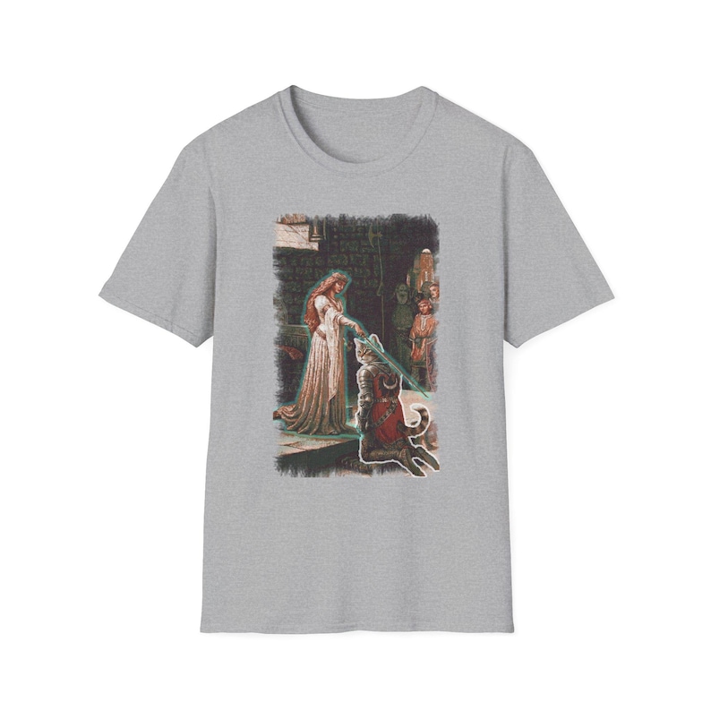 The Accolade Knight Kneeling T-Shirt | Medieval Lady, Arthurian Scene image 5