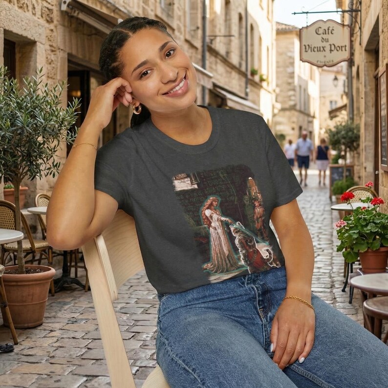 The Accolade Knight Kneeling T-Shirt | Medieval Lady, Arthurian Scene image 2