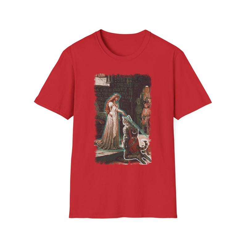 The Accolade Knight Kneeling T-Shirt | Medieval Lady, Arthurian Scene image 7
