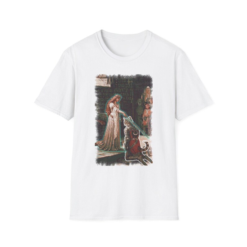 The Accolade Knight Kneeling T-Shirt | Medieval Lady, Arthurian Scene image 4
