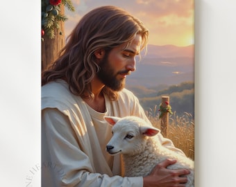 Jesus Cradling Lamb Print, Printable Pastoral Wall Art, Serene Shepherd Illustration, Christian Decor, Peaceful Digital Download 329