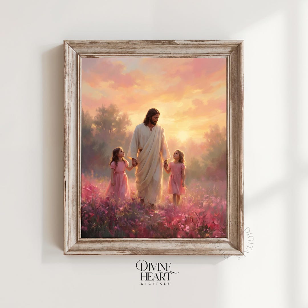 Christian Wall Art - Jesus Walking With Children, Pink Sky Painting ...
