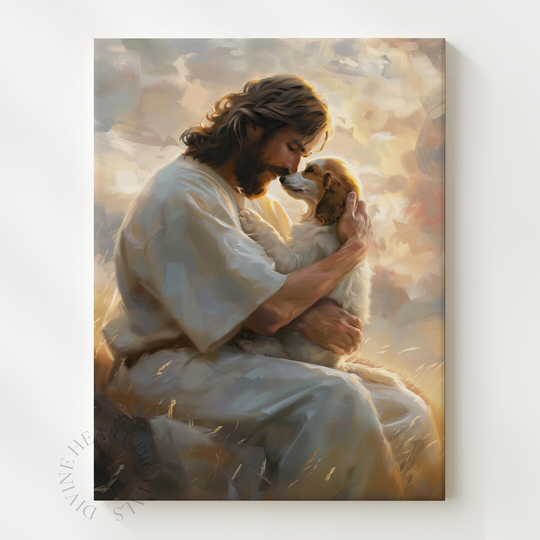 Jesus Holding Rescued Dog - Printable Serene Art, Tender Embrace ...