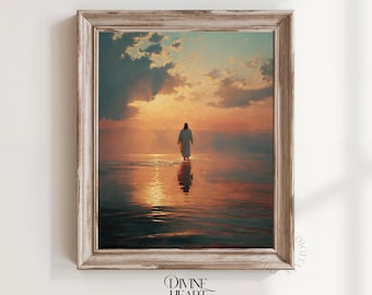 Christian Wall Art Printable Jesus Walking on Water - Jesus Painting, Inspirational Sunrise Sea Digital Art for Home 524