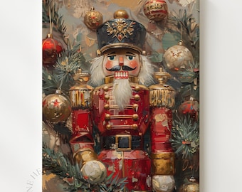 May include: A festive Christmas-themed canvas print featuring a detailed painting of a nutcracker soldier. The nutcracker is dressed in a red uniform with gold accents, a black hat, and a white beard. Christmas ornaments and pine branches surround the nutcracker.