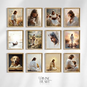May include: A collection of twelve framed art prints with gold-colored frames. The prints depict religious figures in various scenes, including interactions with animals and children. The artwork features soft colors and detailed imagery, with the text "DIVINE HEART DIGITALS" at the bottom.