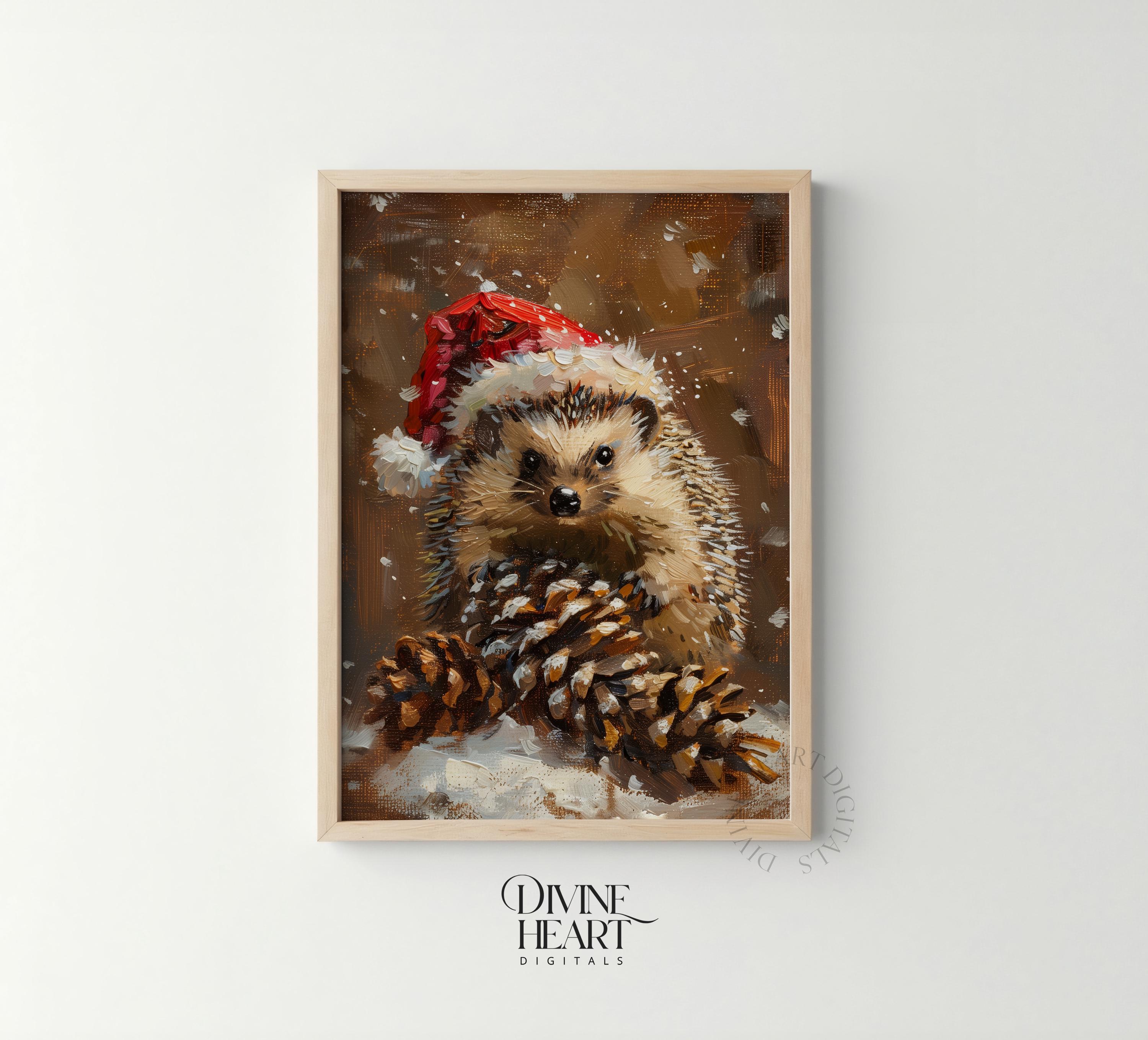 Cute Hedgehog in Santa Hat Painting - Rustic Woodland Christmas