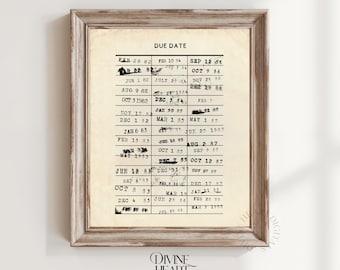 Vintage Bibliothek Karte Druck, literarische Dekoration, Retro literarische Wandkunst, Antike Leser Geschenk, Fälligkeitsdatum, druckbar, Buchliebhaber, digitaler Download