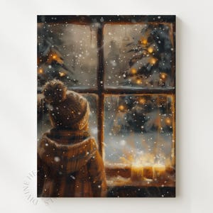 May include: A digital art print depicts a child gazing out a window at a snowy winter scene. The child is wearing a yellow hat and coat. Outside the window, a snowy forest and lit candles are visible.