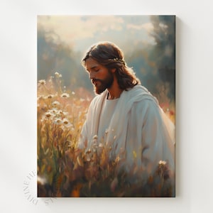 May include: An artistic depiction of a figure in white robes, with long brown hair and a beard, surrounded by wildflowers. The figure is looking down, with a soft, warm light illuminating the scene. The artwork evokes a sense of peace and serenity.
