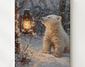 Winter Eisbär im Schnee - gemütliche rustikale Kunst, Laterne Licht in frostiger Szene, Wald Winter-Dekor, digitale Illustration zum ausdrucken