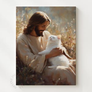 May include: A serene painting depicts a figure with long brown hair and a beard, dressed in cream-colored robes, gently holding a fluffy white cat. The background features soft, blurred flowers and foliage.
