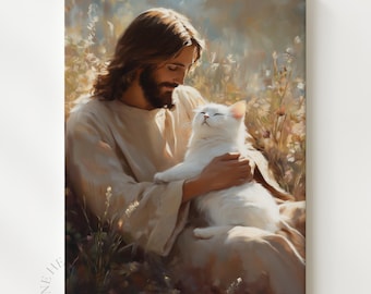 Jesus Print with White Cat, Vintage Christian Printable Wall Art, Bible Verse Painting, Modern Christian Art, Cottagecore Church Decor