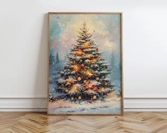 Lámina festiva con diseño de árbol de Navidad: luces brillantes en un paisaje nevado, arte acogedor de inspiración vintage, decoración de invierno, lámina navideña para imprimir.