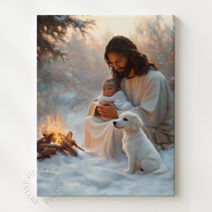 May include: A digital art print depicts a serene scene with a figure in white robes holding a baby, a white dog sits nearby. A small fire burns in the foreground, with a snowy landscape and soft lighting. The artwork evokes a sense of peace and warmth.