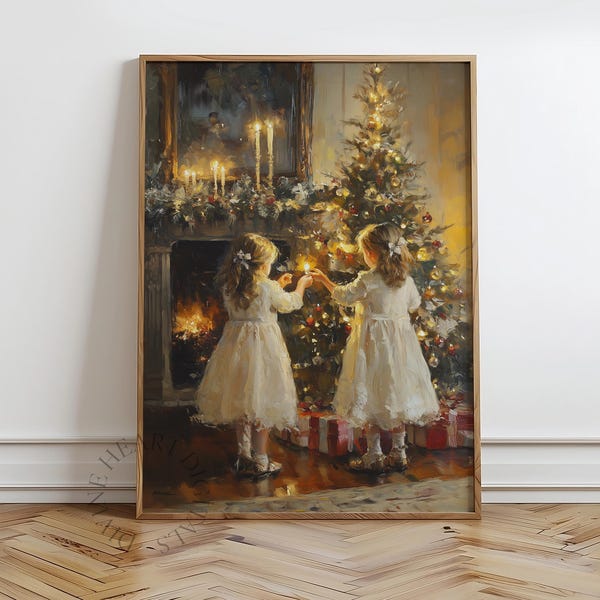 Vintage Christmas Print - Two Little Girls Decorating Tree, Festive Holiday Art, Cozy Winter Scene, Printable Christmas Wall Decor