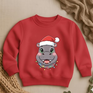 Christmas Hippo Sweatshirt, Santa Hat Animal Shirt, Holiday Lights Sweater for Kids, Pink Hippo Xmas Gift, Festive Wildlife Top