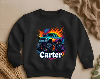 Personalized Monster Truck Sweatshirt, Custom Carter Name Boy Birthday Gift