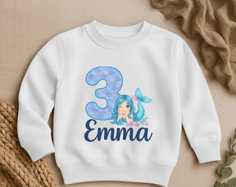 Personalized Mermaid 3rd Birthday Sweatshirt, Custom Name 3rd Party Outfit, Mermaid Scales Number, Three Years Old Gift