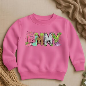 May include: A pink sweatshirt with the name "EMMY" in colorful, dinosaur-themed letters. The letters are decorated with various dinosaurs and floral accents. The sweatshirt is made of a soft material and has a crew neck.