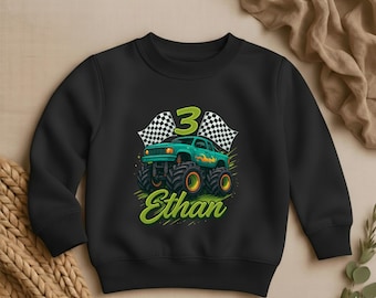 Personalized Monster Truck Sweatshirt, 3rd Birthday Boy Gift, Custom Name Race Car Jumper, Third Birthday Shirt, Monster Jam Crewneck