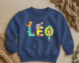 Personalized Animal Alphabet Birthday Sweatshirt, Custom Name  Dinosaur Tiger Elephant Pullover