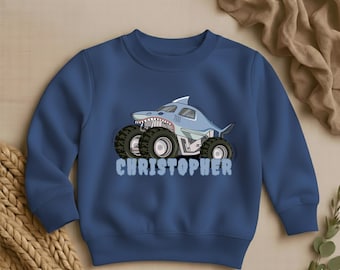 Personalized Shark Monster Truck Kids Sweatshirt, Custom Name Boy Sweater, Birthday Gift