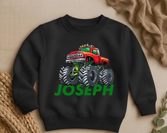 Personalized Red Monster Truck Kids Sweatshirt, Custom Name Boy Gift, Birthday Gift
