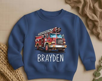 Custom Fire Truck Kids Sweatshirt, Personalized Firefighter Boys Sweater, Birthday Gift