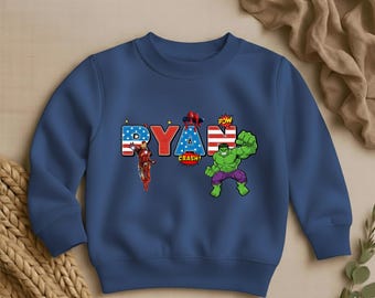 Custom Name Superhero Sweatshirt, Personalized Avengers Name Kids Sweater