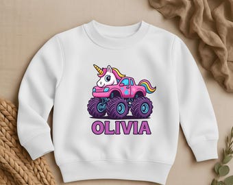 Personalized Unicorn Monster Truck Sweatshirt, Olivia Kids Birthday Gift, Custom Name Toddler Sweatshirt, Monster Truck Tee